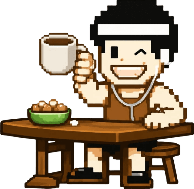 Mochi at a table raising a cup of coffee