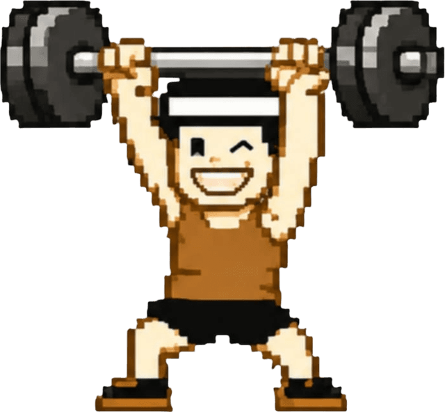 Mochi lifting a barbell overhead, winking